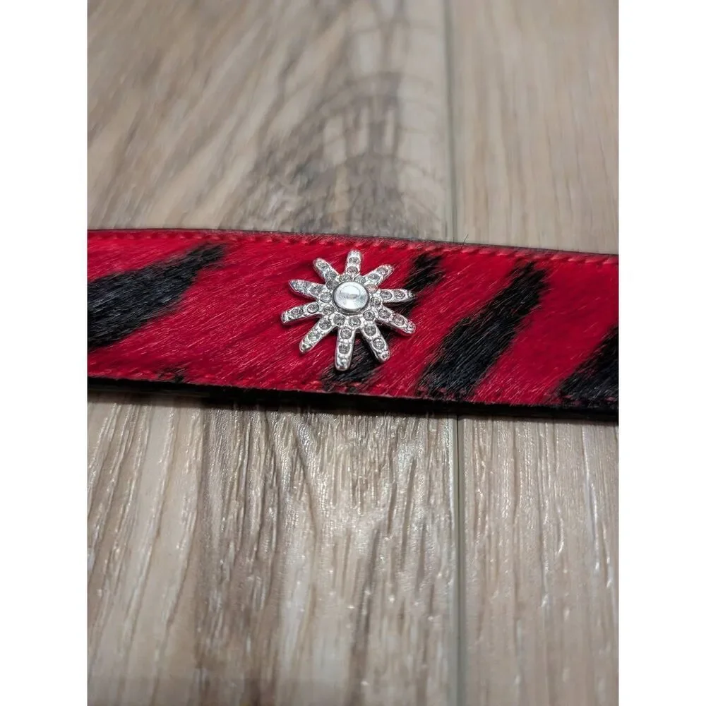 3D Leather Kids Small Red Zebra Hair-on-Hide Belt Western Rhinestone No Buckle